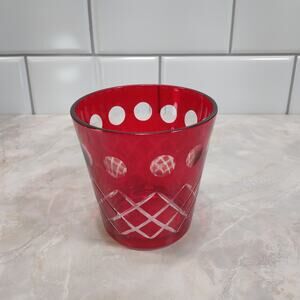 Vtg Czech Style Ruby Red Diamond Cut Glass 3" Bar Cocktail Tumbler Rocks Glass